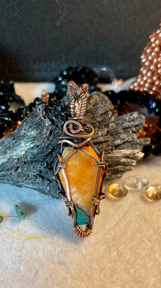 Spiny Jasper Turquoise Wrapped Coffin Pendant