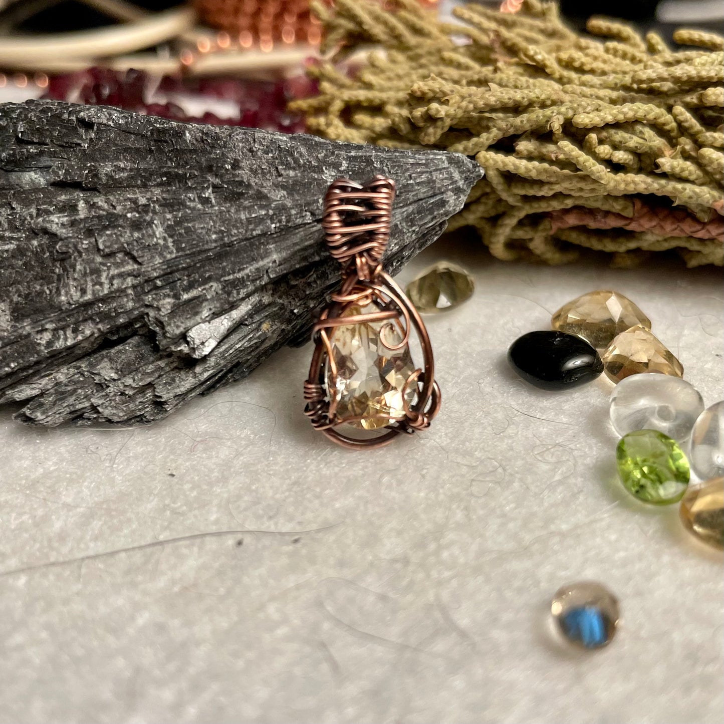 Faceted Copper-Wrapped Citrine Pendant Necklace